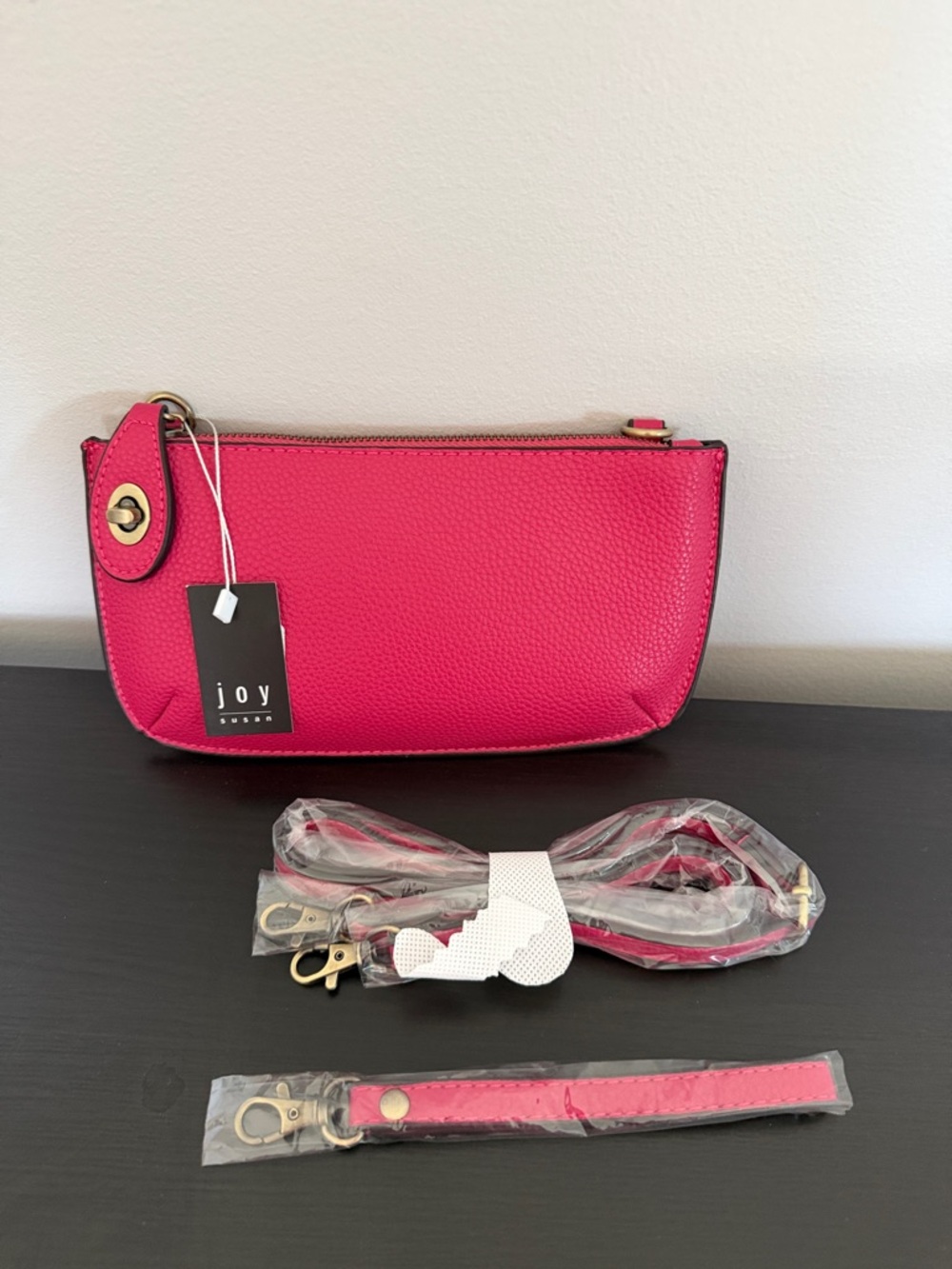 Joy Susan Bright Pink Pebbled Leather Wristlet or Crossbody - Removable Straps